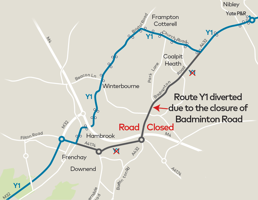 A432 Badminton Road M4 bridge CLOSURE Y1 First Bus